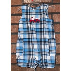 Carter's Infant Boys Blue Plaid Shorts Sleeveless Romper Firetruck Size 6M